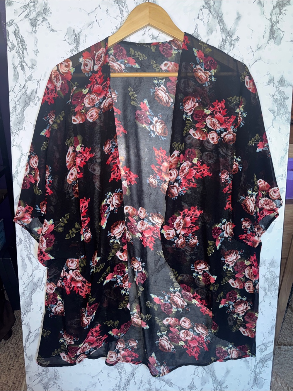 Black and Red Floral Kimono Size L